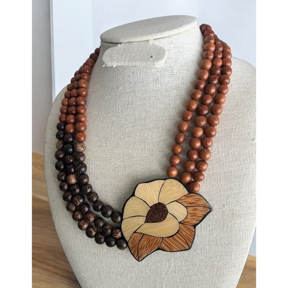 Handmade‎ Floral Inlay Beaded Wood Statement Necklace Glass Beads Boho 21"